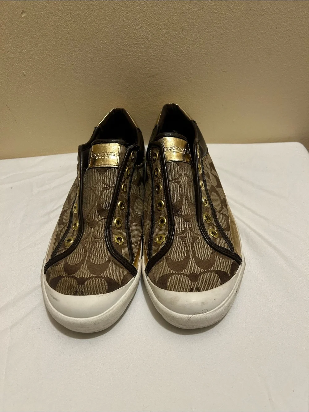 Coach Brown Signature Canvas Slip-On Sneakers with Gold Accents
